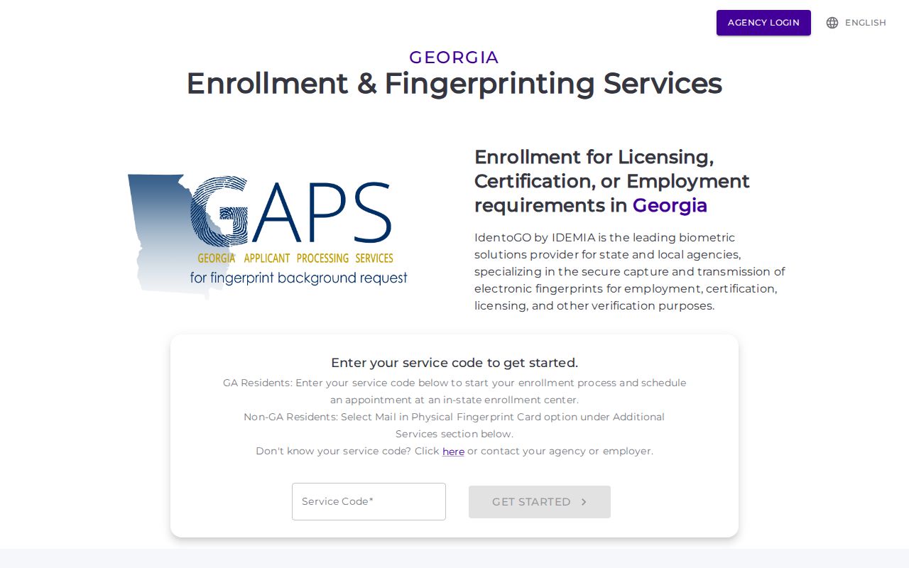 Georgia Applicant Processing Service IdentoGO registration page