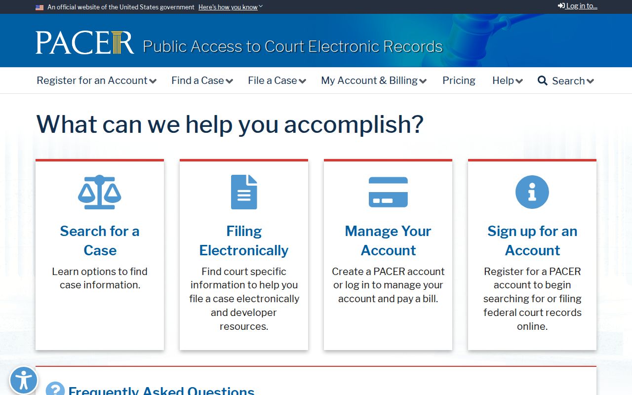 PACER federal court records service homepage